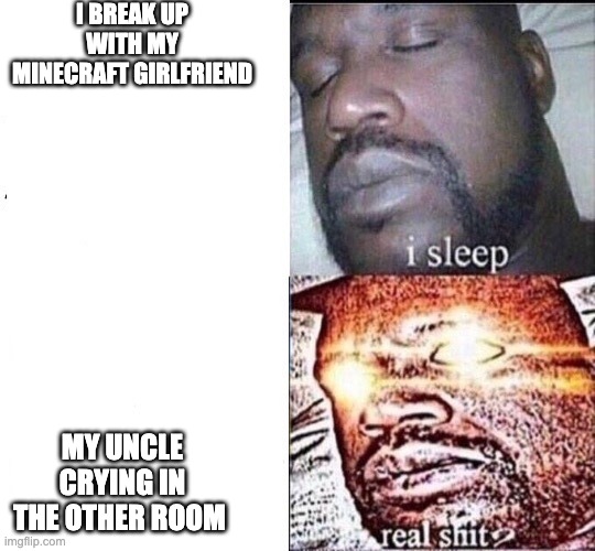 Hmmm | I BREAK UP WITH MY MINECRAFT GIRLFRIEND; MY UNCLE CRYING IN THE OTHER ROOM | image tagged in shack sleeping | made w/ Imgflip meme maker
