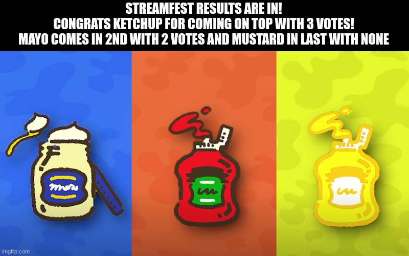 New streamfest next Wednesday or Friday | STREAMFEST RESULTS ARE IN!
CONGRATS KETCHUP FOR COMING ON TOP WITH 3 VOTES!
MAYO COMES IN 2ND WITH 2 VOTES AND MUSTARD IN LAST WITH NONE | image tagged in splatoon | made w/ Imgflip meme maker