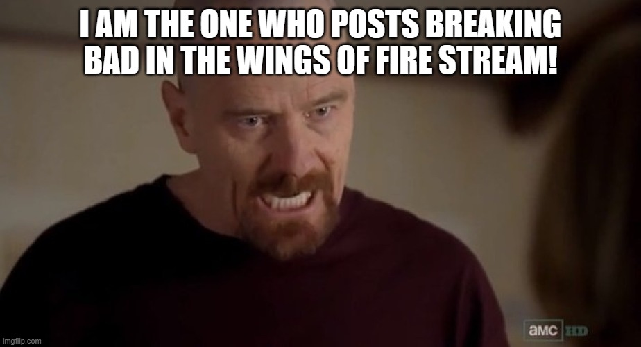 I am the one who knocks | I AM THE ONE WHO POSTS BREAKING BAD IN THE WINGS OF FIRE STREAM! | image tagged in i am the one who knocks | made w/ Imgflip meme maker