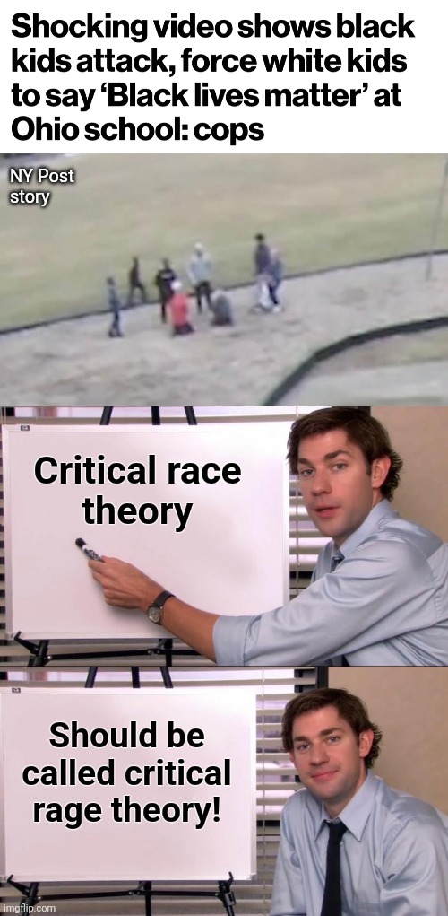 The new normal in American schools | NY Post
story; Critical race
theory; Should be
called critical
rage theory! | image tagged in jim halpert explains,memes,critical race theory,racism,democrats,joe biden | made w/ Imgflip meme maker