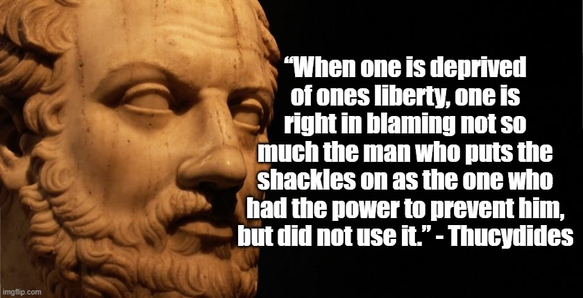 Prevent injustice | “When one is deprived of ones liberty, one is right in blaming not so much the man who puts the shackles on as the one who had the power to prevent him, but did not use it.” - Thucydides | image tagged in liberty,power,justice,thucydides | made w/ Imgflip meme maker