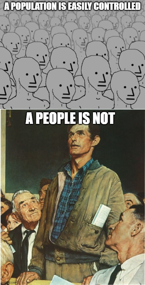 A POPULATION IS EASILY CONTROLLED; A PEOPLE IS NOT | image tagged in npc crowd,speech normal rockwell | made w/ Imgflip meme maker