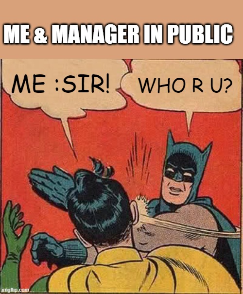 manager | ME & MANAGER IN PUBLIC; ME :SIR! WHO R U? | image tagged in memes,batman slapping robin | made w/ Imgflip meme maker