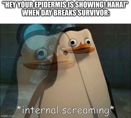 Private Internal Screaming | "HEY YOUR EPIDERMIS IS SHOWING! HAHA!"

 WHEN DAY BREAKS SURVIVOR: | image tagged in private internal screaming,when day breaks,scp | made w/ Imgflip meme maker