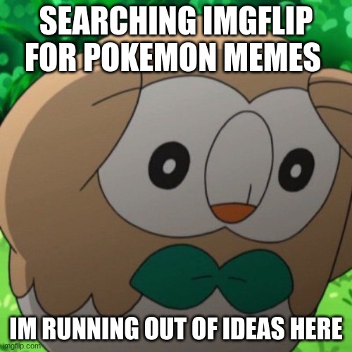 H E L P PLS | SEARCHING IMGFLIP FOR POKEMON MEMES; IM RUNNING OUT OF IDEAS HERE | image tagged in rowlet meme template | made w/ Imgflip meme maker