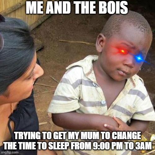 Mum, we'll be fine! | ME AND THE BOIS; TRYING TO GET MY MUM TO CHANGE THE TIME TO SLEEP FROM 9:00 PM TO 3AM | image tagged in memes,third world skeptical kid,i have crippling depression,why are you reading the tags,good guy greg,one does not simply | made w/ Imgflip meme maker