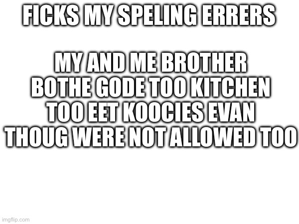 Guess why I’m trying to say  in the comments | MY AND ME BROTHER BOTHE GODE TOO KITCHEN TOO EET KOOCIES EVAN THOUG WERE NOT ALLOWED TOO; FICKS MY SPELING ERRERS | image tagged in school | made w/ Imgflip meme maker