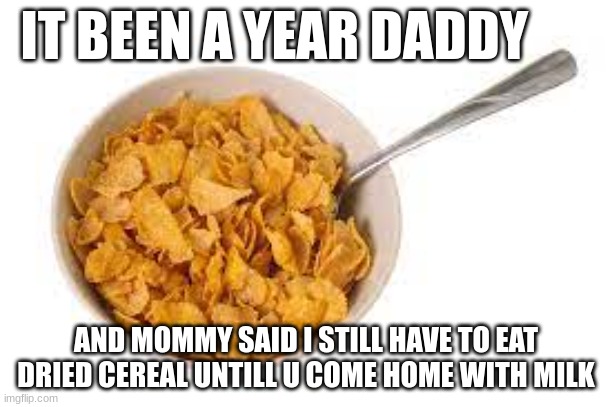 its been one year daddy | IT BEEN A YEAR DADDY; AND MOMMY SAID I STILL HAVE TO EAT DRIED CEREAL UNTILL U COME HOME WITH MILK | image tagged in cereal | made w/ Imgflip meme maker