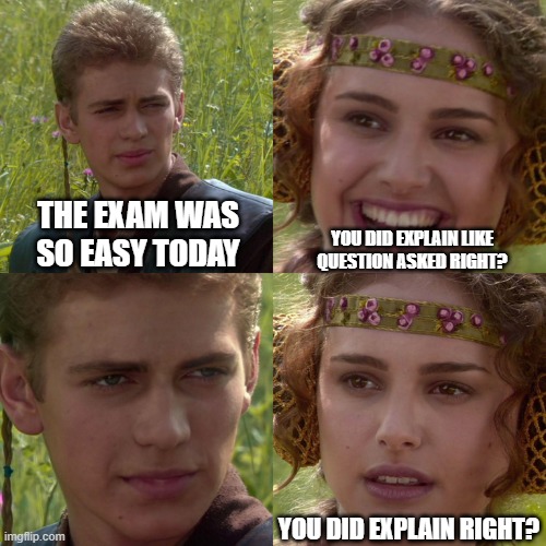 Students when they come back to me after exam | THE EXAM WAS SO EASY TODAY; YOU DID EXPLAIN LIKE QUESTION ASKED RIGHT? YOU DID EXPLAIN RIGHT? | image tagged in anakin padme 4 panel | made w/ Imgflip meme maker