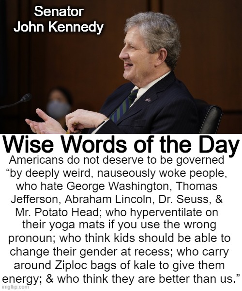 The Truth About America | Senator John Kennedy; Wise Words of the Day; Americans do not deserve to be governed 
“by deeply weird, nauseously woke people, 
who hate George Washington, Thomas 
Jefferson, Abraham Lincoln, Dr. Seuss, & 
Mr. Potato Head; who hyperventilate on; their yoga mats if you use the wrong 
pronoun; who think kids should be able to 
change their gender at recess; who carry 
around Ziploc bags of kale to give them 
energy; & who think they are better than us.” | image tagged in politics,kennedy,louisiana,america,truth,woke | made w/ Imgflip meme maker