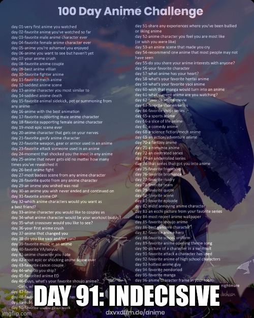 100 day anime challenge | DAY 91: INDECISIVE | image tagged in 100 day anime challenge | made w/ Imgflip meme maker