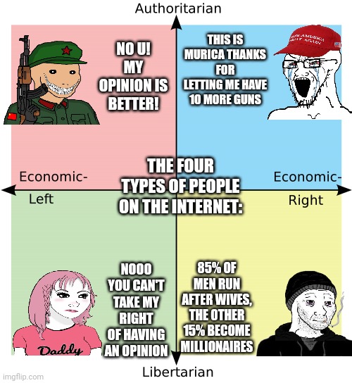 Le four types of people on the internet(especially reddit) | THIS IS MURICA THANKS FOR LETTING ME HAVE 10 MORE GUNS; NO U! MY OPINION IS BETTER! THE FOUR TYPES OF PEOPLE ON THE INTERNET:; NOOO YOU CAN'T TAKE MY RIGHT OF HAVING AN OPINION; 85% OF MEN RUN AFTER WIVES, THE OTHER 15% BECOME MILLIONAIRES | image tagged in political compass,wojak | made w/ Imgflip meme maker