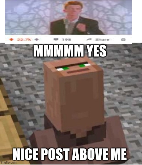 MMm | MMMMM YES; NICE POST ABOVE ME | image tagged in minecraft villager looking up,rickroll,rick astley,mmm,wait what,funny | made w/ Imgflip meme maker