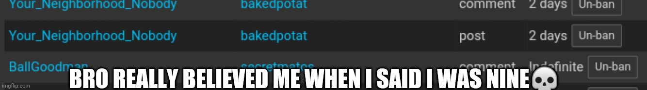 if he had a good reason then i wouldntve unbanned myself- | BRO REALLY BELIEVED ME WHEN I SAID I WAS NINE💀 | made w/ Imgflip meme maker