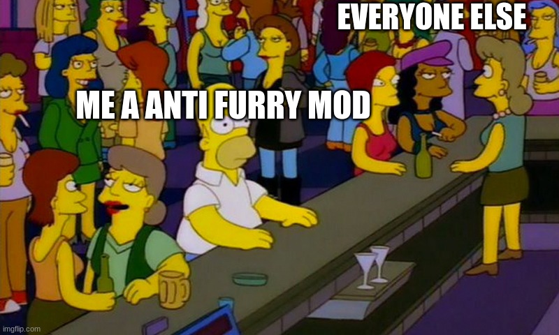 True, unless bingus is an anti fur, but I forgot. (bingus note: I am) | EVERYONE ELSE; ME A ANTI FURRY MOD | image tagged in homer simpsons in bar | made w/ Imgflip meme maker