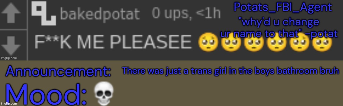 the thing is i didn't know they were a transformer | There was just a trans girl in the boys bathroom bruh | image tagged in potat downbad real 1 1 1 1 1 1 1 | made w/ Imgflip meme maker