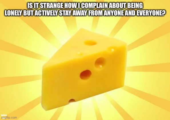 Cheese time | IS IT STRANGE HOW I COMPLAIN ABOUT BEING LONELY BUT ACTIVELY STAY AWAY FROM ANYONE AND EVERYONE? bottom text | image tagged in cheese time | made w/ Imgflip meme maker