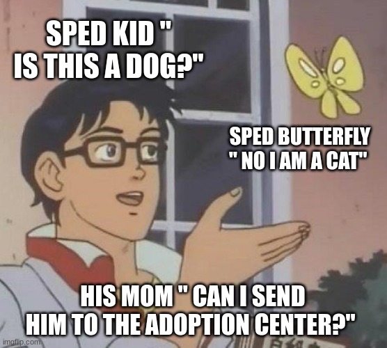 SPED KID AND ANIMAL | SPED KID " IS THIS A DOG?"; SPED BUTTERFLY " NO I AM A CAT"; HIS MOM " CAN I SEND HIM TO THE ADOPTION CENTER?" | image tagged in memes,is this a pigeon | made w/ Imgflip meme maker