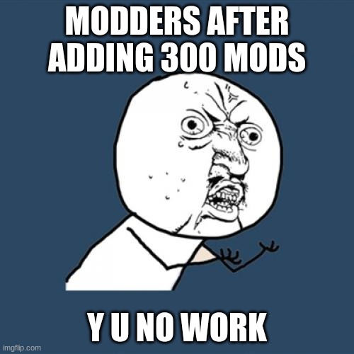 Alot of us has done this | MODDERS AFTER ADDING 300 MODS; Y U NO WORK | image tagged in memes,y u no | made w/ Imgflip meme maker