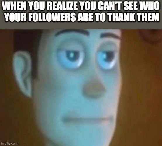 just now realized this | WHEN YOU REALIZE YOU CAN'T SEE WHO
 YOUR FOLLOWERS ARE TO THANK THEM | image tagged in annoyed woody,followers | made w/ Imgflip meme maker