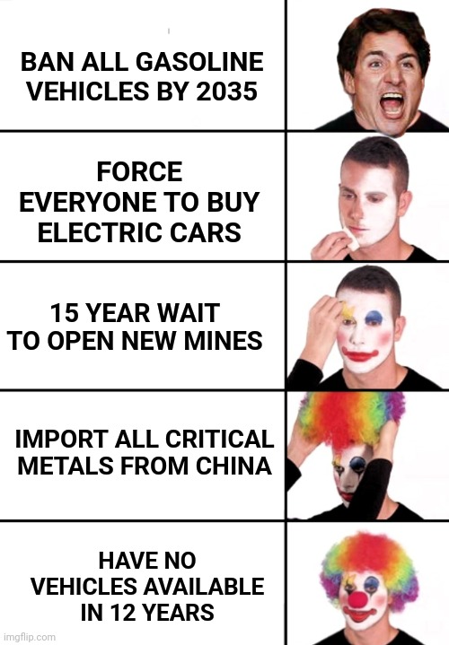 Finally some bad photoshop | BAN ALL GASOLINE VEHICLES BY 2035; FORCE EVERYONE TO BUY ELECTRIC CARS; 15 YEAR WAIT TO OPEN NEW MINES; IMPORT ALL CRITICAL METALS FROM CHINA; HAVE NO VEHICLES AVAILABLE IN 12 YEARS | image tagged in clown applying makeup,trudeau,electrical,tesla,mining,china | made w/ Imgflip meme maker
