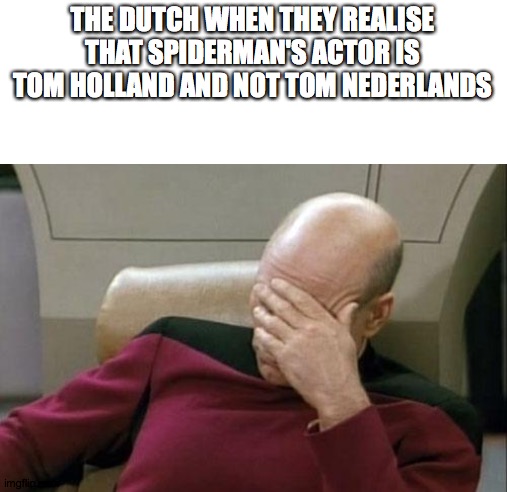 Captain Picard Facepalm Meme | THE DUTCH WHEN THEY REALISE THAT SPIDERMAN'S ACTOR IS TOM HOLLAND AND NOT TOM NEDERLANDS | image tagged in memes,captain picard facepalm | made w/ Imgflip meme maker