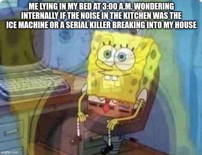 paranoia | ME LYING IN MY BED AT 3:00 A.M. WONDERING INTERNALLY IF THE NOISE IN THE KITCHEN WAS THE ICE MACHINE OR A SERIAL KILLER BREAKING INTO MY HOUSE | image tagged in spongebob screaming inside | made w/ Imgflip meme maker