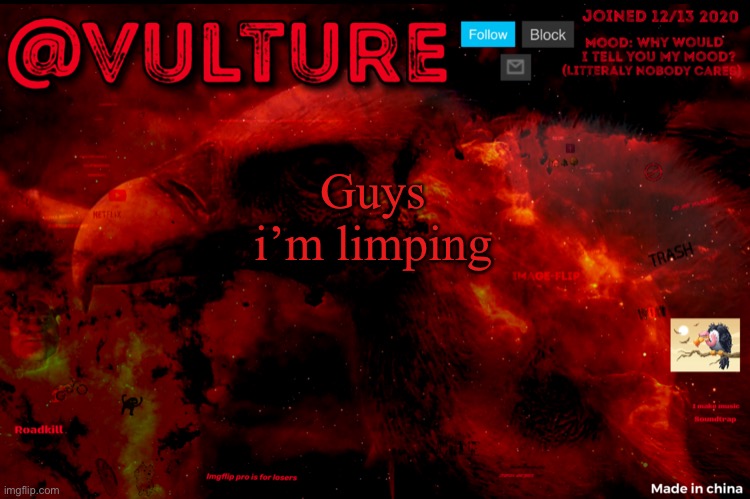 Vultures template that he uses when he wants to say something | Guys i’m limping | image tagged in vultures template that he uses when he wants to say something | made w/ Imgflip meme maker