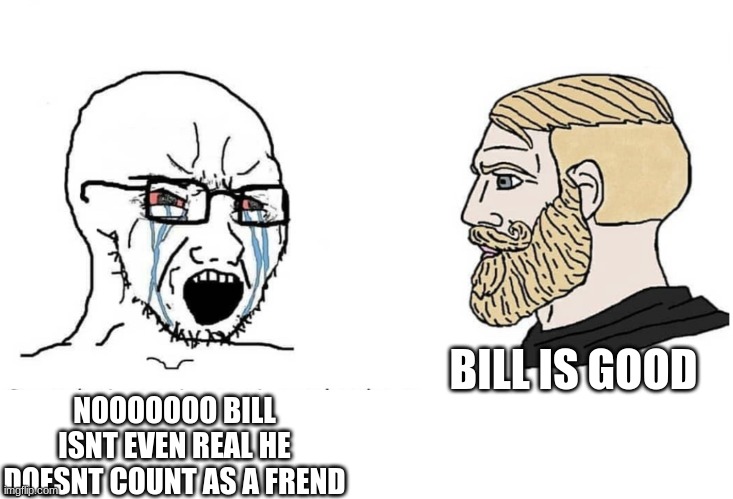 Soyboy Vs Yes Chad | NOOOOOOO BILL ISNT EVEN REAL HE DOESNT COUNT AS A FREND BILL IS GOOD | image tagged in soyboy vs yes chad | made w/ Imgflip meme maker