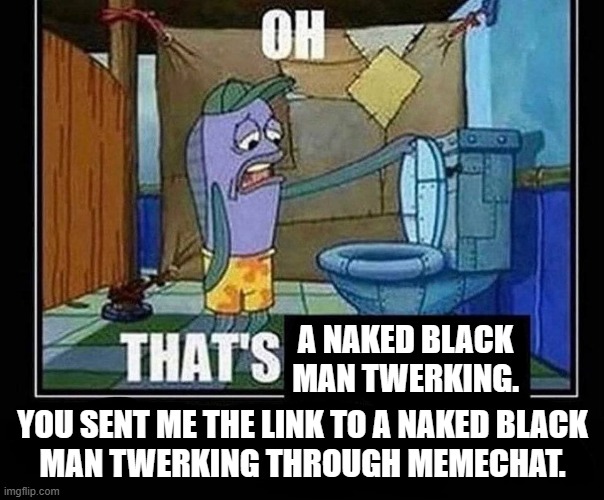 cinna. | A NAKED BLACK MAN TWERKING. YOU SENT ME THE LINK TO A NAKED BLACK
MAN TWERKING THROUGH MEMECHAT. | image tagged in oh that s | made w/ Imgflip meme maker