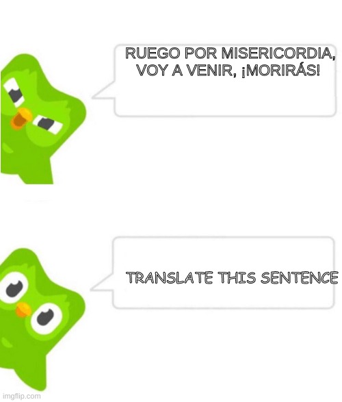 Translate This sentence (Duolingo) | RUEGO POR MISERICORDIA, VOY A VENIR, ¡MORIRÁS! TRANSLATE THIS SENTENCE | image tagged in duolingo2 | made w/ Imgflip meme maker