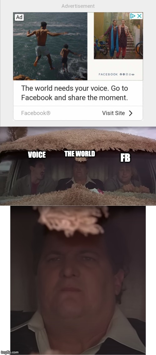 The world needs your voice | THE WORLD; VOICE; FB | image tagged in facebook,annoying,dumb and dumber,jim carrey | made w/ Imgflip meme maker