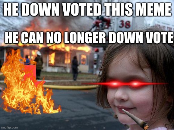 Don't Down Vote | HE DOWN VOTED THIS MEME; HE CAN NO LONGER DOWN VOTE | image tagged in memes,disaster girl | made w/ Imgflip meme maker