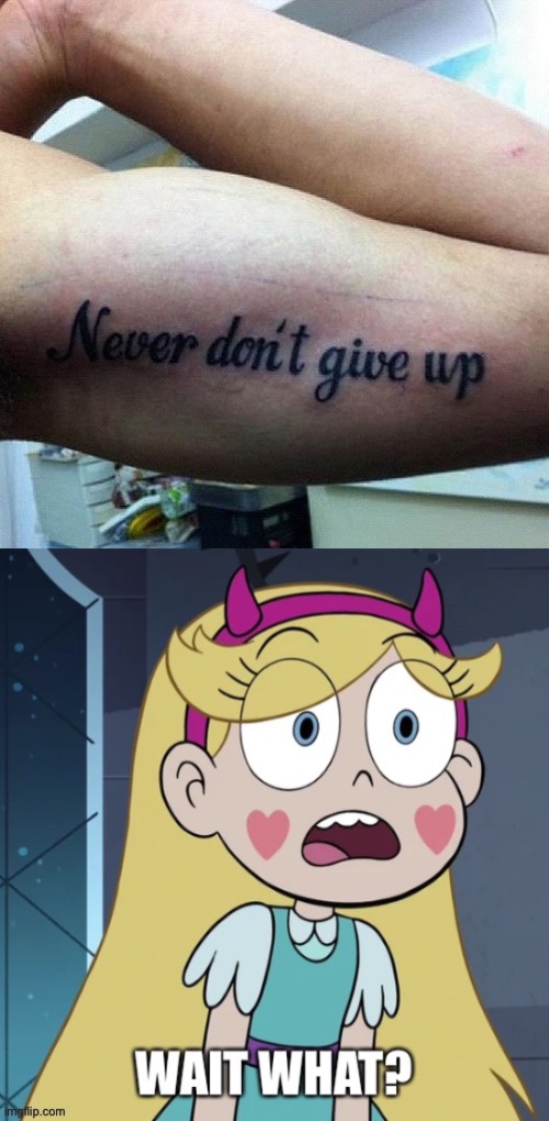 Never don’t give up?!?! | image tagged in star butterfly wait what,star vs the forces of evil,tattoos,bad tattoos,tattoo,memes | made w/ Imgflip meme maker