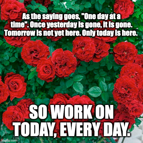 Today | As the saying goes, "One day at a time". Once yesterday is gone, it is gone. Tomorrow is not yet here. Only today is here. SO WORK ON TODAY, EVERY DAY. | image tagged in inspirational | made w/ Imgflip meme maker