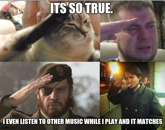 Ozon's Salute | ITS SO TRUE. I EVEN LISTEN TO OTHER MUSIC WHILE I PLAY AND IT MATCHES | image tagged in ozon's salute | made w/ Imgflip meme maker