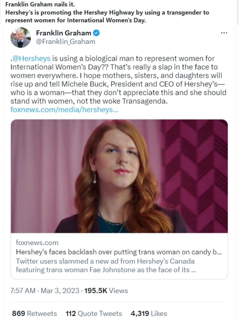 Franklin Graham nails it. Hershey's is promoting the Hershey Highway by using a transgender to represent women... | image tagged in hershey highway,hershey's,tired of hearing about transgenders,war on women,perverts | made w/ Imgflip meme maker