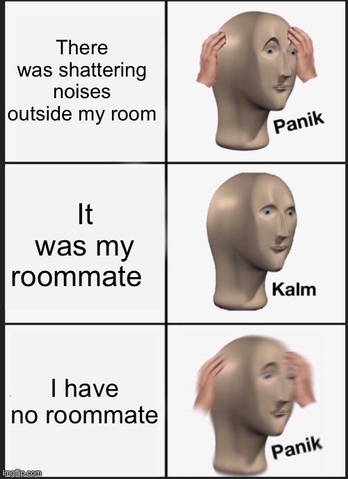 Oh no | There was shattering noises outside my room; It was my roommate; I have no roommate | image tagged in memes,panik kalm panik | made w/ Imgflip meme maker