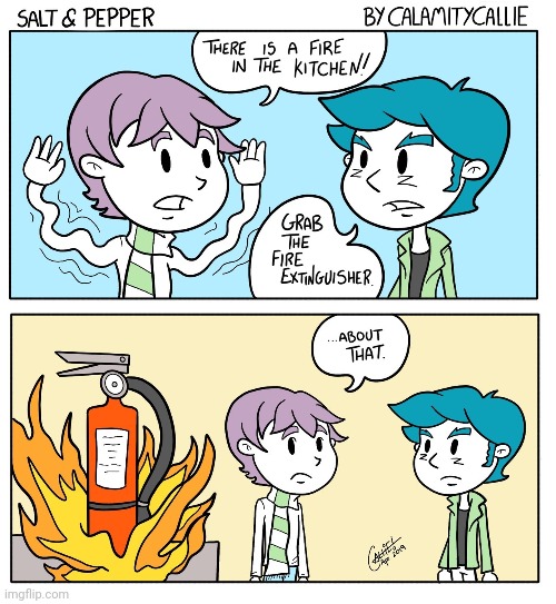 Fire extinguisher on fire | image tagged in fire extinguisher,fire,burn,burning,comics,comics/cartoons | made w/ Imgflip meme maker