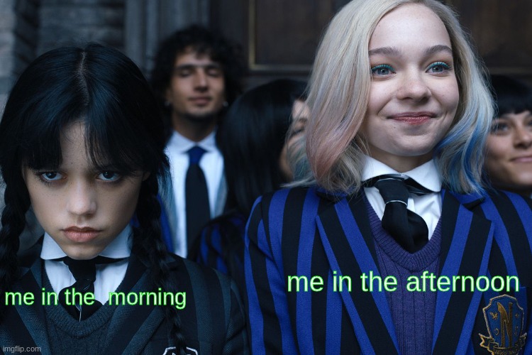 Mornings VS Afternoons | me in the afternoon; me in the  morning | image tagged in wednesday and enid | made w/ Imgflip meme maker