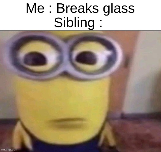 "I'm gonna tell mom... MOOOOOOOM" | Me : Breaks glass
Sibling : | image tagged in minion stare | made w/ Imgflip meme maker