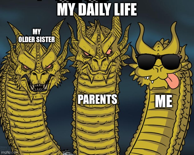 IMA CRAZYYY | MY DAILY LIFE; MY OLDER SISTER; PARENTS; ME | image tagged in three-headed dragon | made w/ Imgflip meme maker