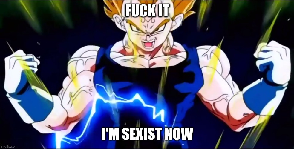 SSJ2 Majin Vegeta | FUCK IT I'M SEXIST NOW | image tagged in ssj2 majin vegeta | made w/ Imgflip meme maker