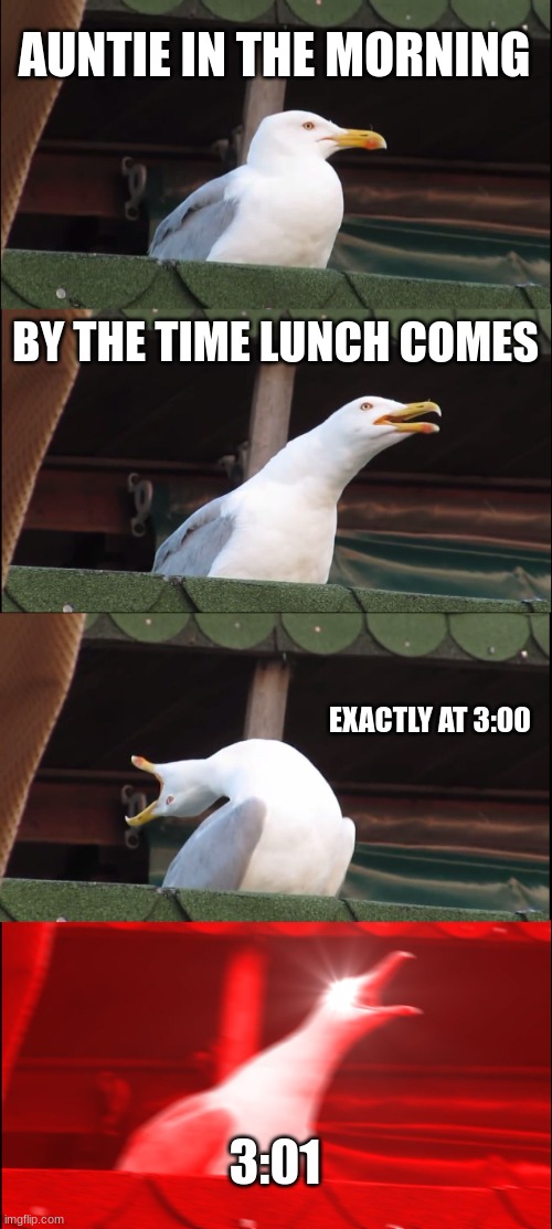 Inhaling Seagull Meme | AUNTIE IN THE MORNING; BY THE TIME LUNCH COMES; EXACTLY AT 3:00; 3:01 | image tagged in memes,inhaling seagull | made w/ Imgflip meme maker