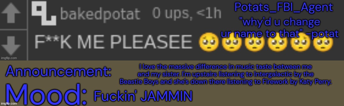 my dad kinda built my music taste | I love the massive difference in music taste between me and my sister. I'm upstairs listening to Intergalactic by the Beastie Boys and she's down there listening to Firework by Katy Perry. Fuckin' JAMMIN | image tagged in potat downbad real 1 1 1 1 1 1 1 | made w/ Imgflip meme maker