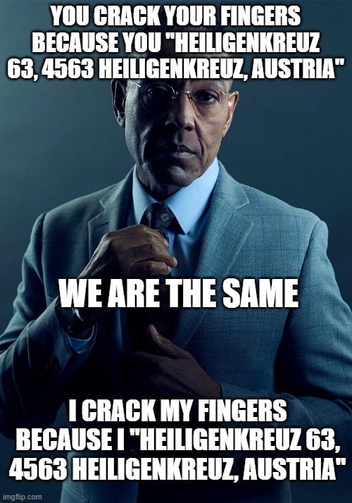 Gus Fring we are not the same | YOU CRACK YOUR FINGERS BECAUSE YOU "HEILIGENKREUZ 63, 4563 HEILIGENKREUZ, AUSTRIA"; WE ARE THE SAME; I CRACK MY FINGERS BECAUSE I "HEILIGENKREUZ 63, 4563 HEILIGENKREUZ, AUSTRIA" | image tagged in gus fring we are not the same | made w/ Imgflip meme maker