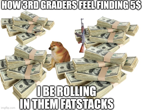 True | HOW 3RD GRADERS FEEL FINDING 5$; I BE ROLLING IN THEM FATSTACKS | image tagged in money,cool,memes,original meme,funny,relatable | made w/ Imgflip meme maker