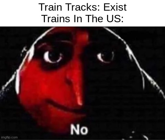 No | Train Tracks: Exist
Trains In The US: | image tagged in gru no,trains | made w/ Imgflip meme maker