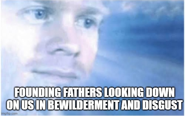 In heaven looking down | FOUNDING FATHERS LOOKING DOWN ON US IN BEWILDERMENT AND DISGUST | image tagged in in heaven looking down | made w/ Imgflip meme maker