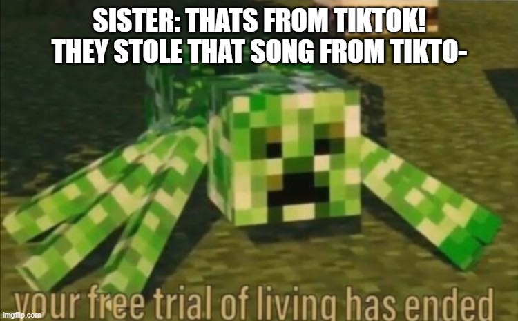 no. | SISTER: THATS FROM TIKTOK! THEY STOLE THAT SONG FROM TIKTO- | image tagged in your free trial of living has ended | made w/ Imgflip meme maker